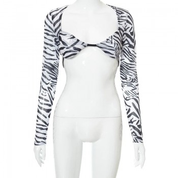  Fashion Zebra Print Mesh Crop Tops See Through Long Sleeve Cropped Club Summer Slim Sexy T-Shirts Dark